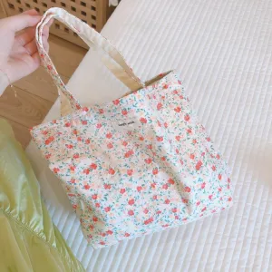 Women Fashion Small Flower Pattern Canvas Tote Bag with Zipper
