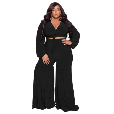 Plus Size Women Solid Color V-Neck Long Sleeve Top And Wide-Leg Pants Two-Piece Set