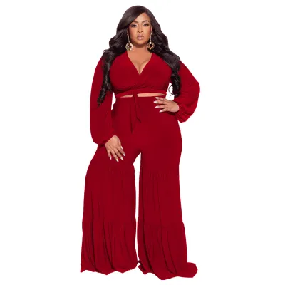 Plus Size Women Solid Color V-Neck Long Sleeve Top And Wide-Leg Pants Two-Piece Set