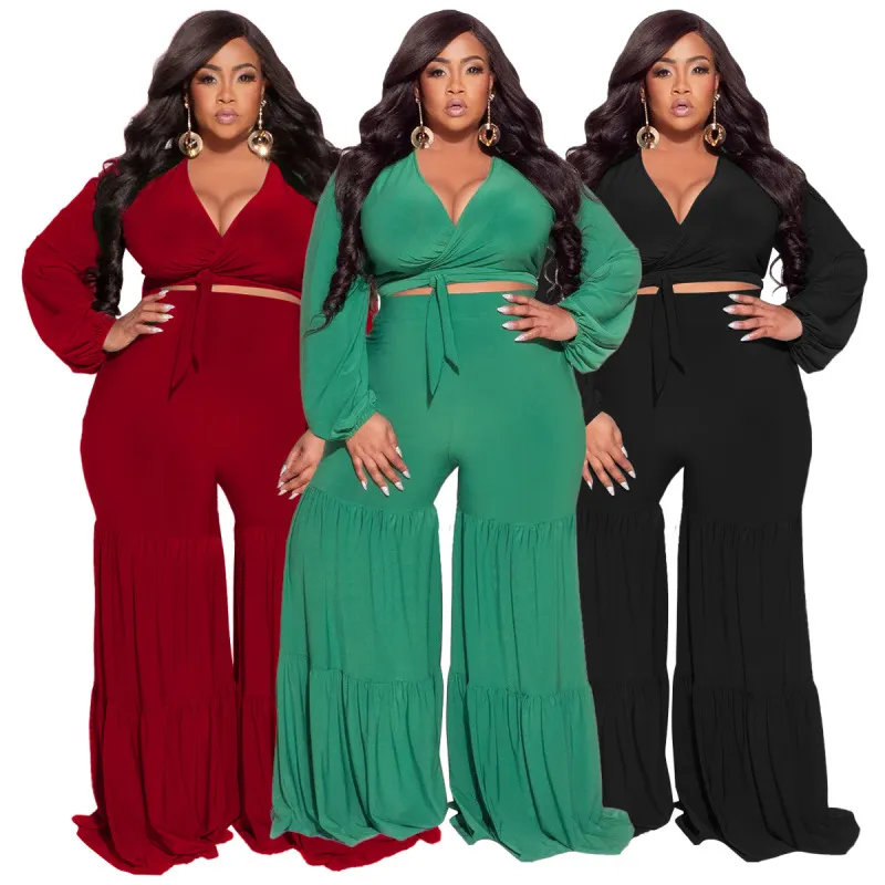 Plus Size Women Solid Color V-Neck Long Sleeve Top And Wide-Leg Pants Two-Piece Set