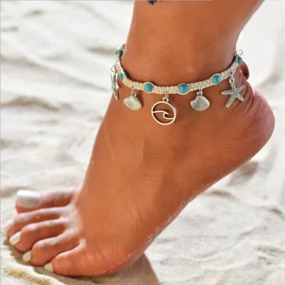 Women Fashionable And Simple Personality Bohemian Braided Rope Seashell Starfish Anklet