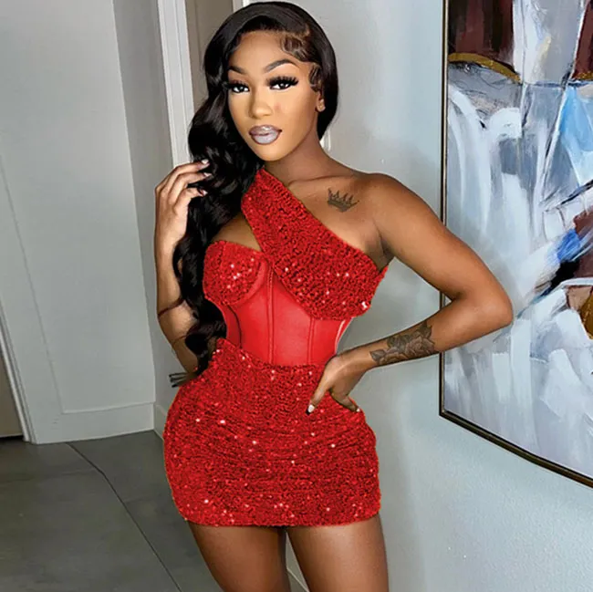 Women Sexy Irregular Oblique Shoulder Sequin Decor Solid Color Nightclub Dress