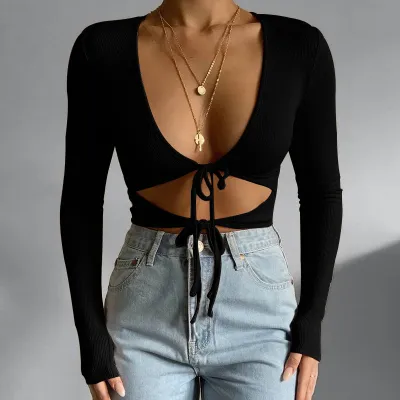 Fashion Women Sexy Edgy Low-Cut Drawstring Long-Sleeved Cut Out Crop Top