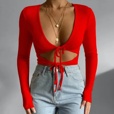 Fashion Women Sexy Edgy Low-Cut Drawstring Long-Sleeved Cut Out Crop Top