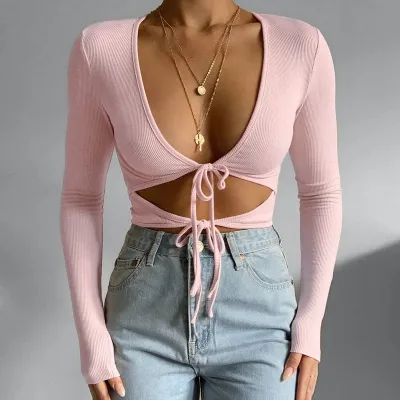 Fashion Women Sexy Edgy Low-Cut Drawstring Long-Sleeved Cut Out Crop Top
