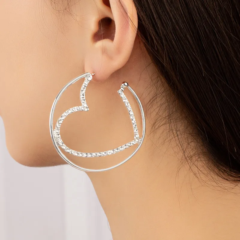 Women Fashion Alloy Rhinestone Notched Heart Shaped Drop Earrings