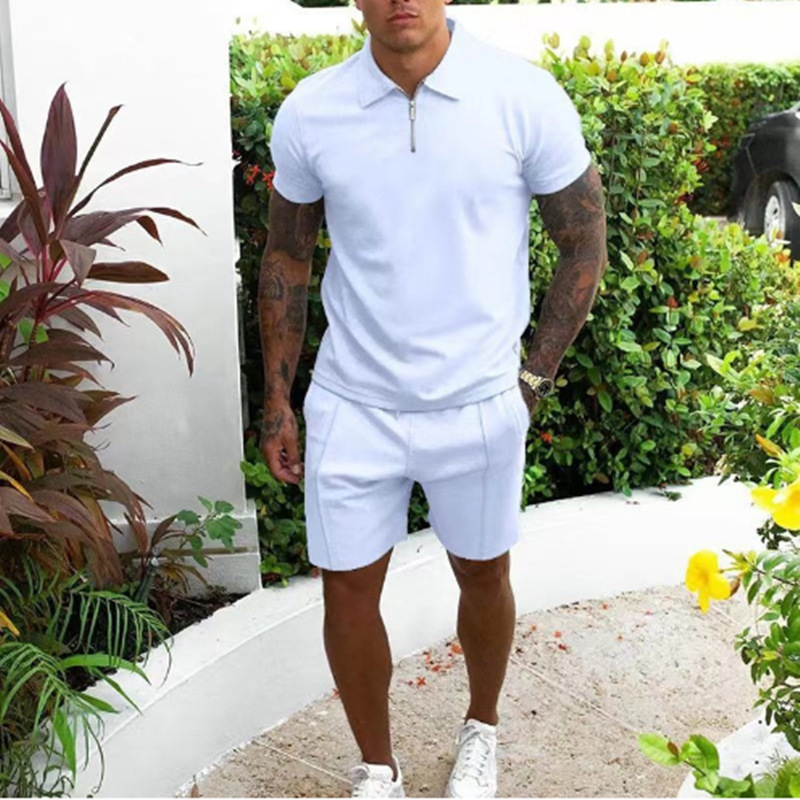 Wholesale Men Fashion Solid Color Short Sleeved Zipper Polo Shirt And Shorts Two Piece Set