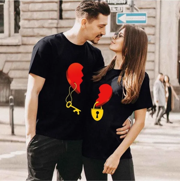 Valentine'S Day Fashion Couple Short Sleeve Love Key Lock Printed Round Neck T-Shirt