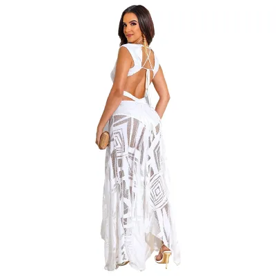 Women Summer Elegant Vacation V-Neck Backless Bandage Solid Color Maxi Dress