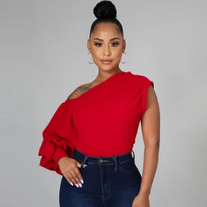 Fashion Women Solid Color Irregular Coo-Shoulder Puff Sleeve Blouse