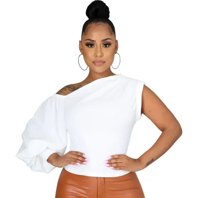 Fashion Women Solid Color Irregular Coo-Shoulder Puff Sleeve Blouse