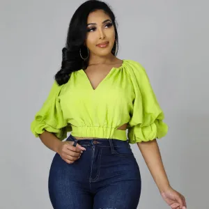 Fashion Women Elegant Puff Sleeve Solid Color Short-Sleeved Loose Crop Blouse