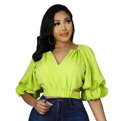 Fashion Women Elegant Puff Sleeve Solid Color Short-Sleeved Loose Crop Blouse
