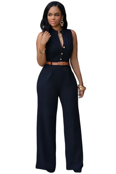 Women Solid Color Stand Collar Button Waist Sleeveless Jumpsuit
