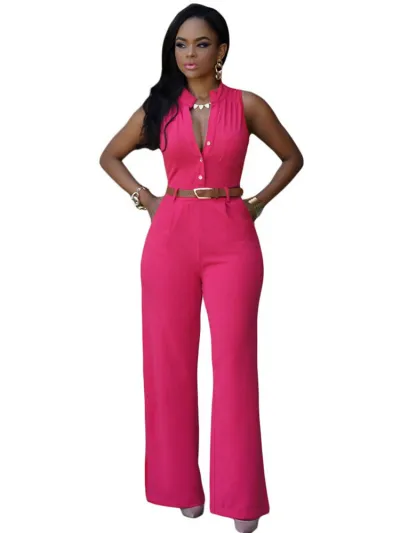 Women Solid Color Stand Collar Button Waist Sleeveless Jumpsuit
