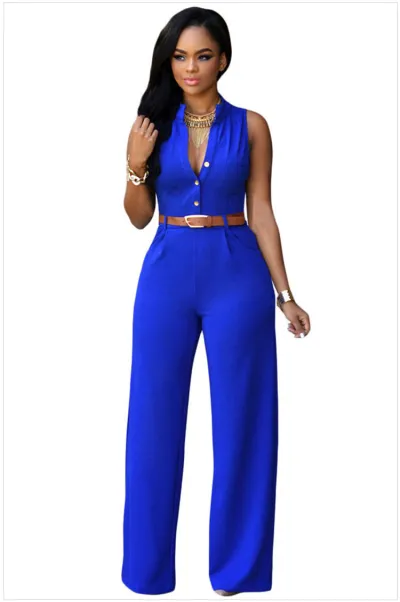 Women Solid Color Stand Collar Button Waist Sleeveless Jumpsuit