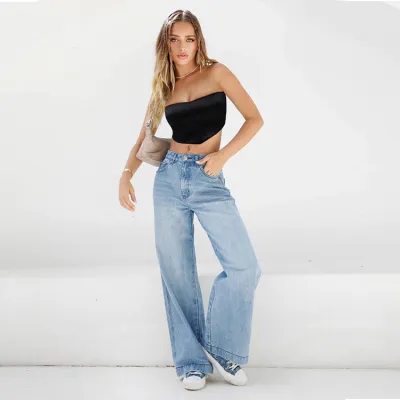 Women Denim Solid Color High Waist Wide Leg Loose Jeans