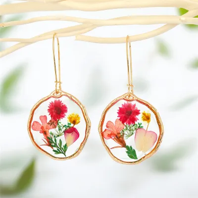 Women Vintage Transparent Resin Natural Dried Flower DIY Glue Immortalized Flower Earrings
