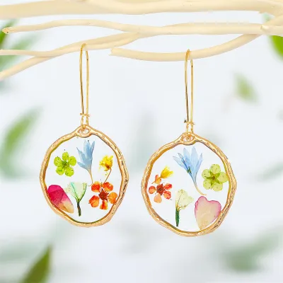Women Vintage Transparent Resin Natural Dried Flower DIY Glue Immortalized Flower Earrings