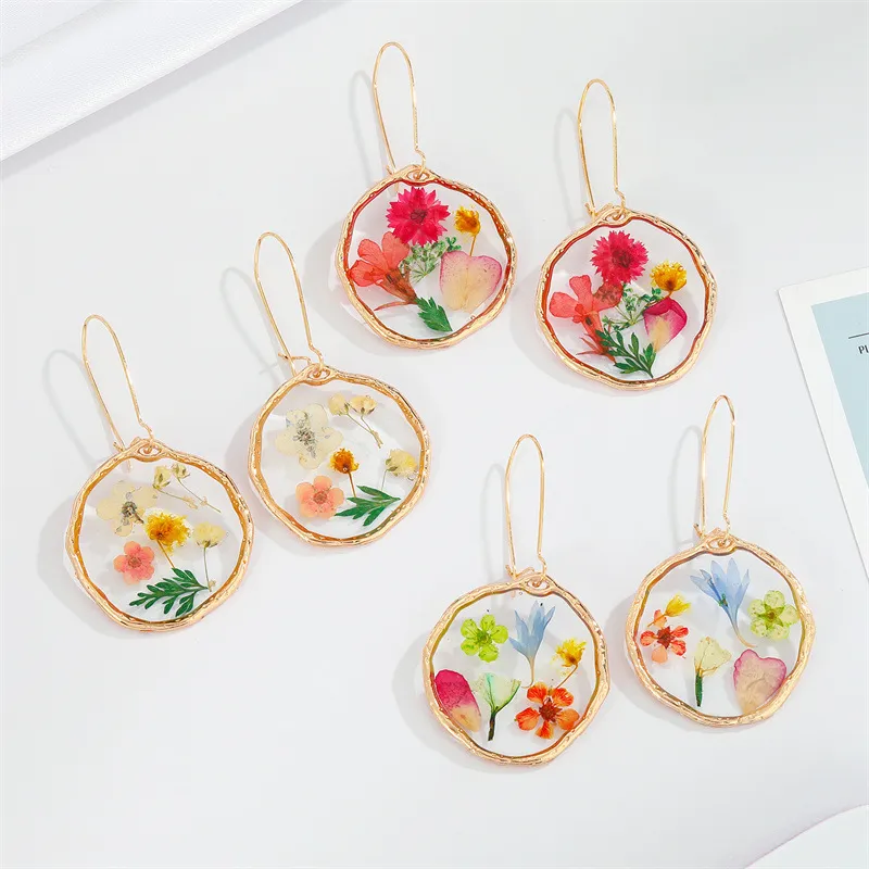 Women Vintage Transparent Resin Natural Dried Flower DIY Glue Immortalized Flower Earrings