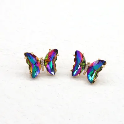 Women Multicolor Rhinestone Exquisite Glass Butterfly Earrings