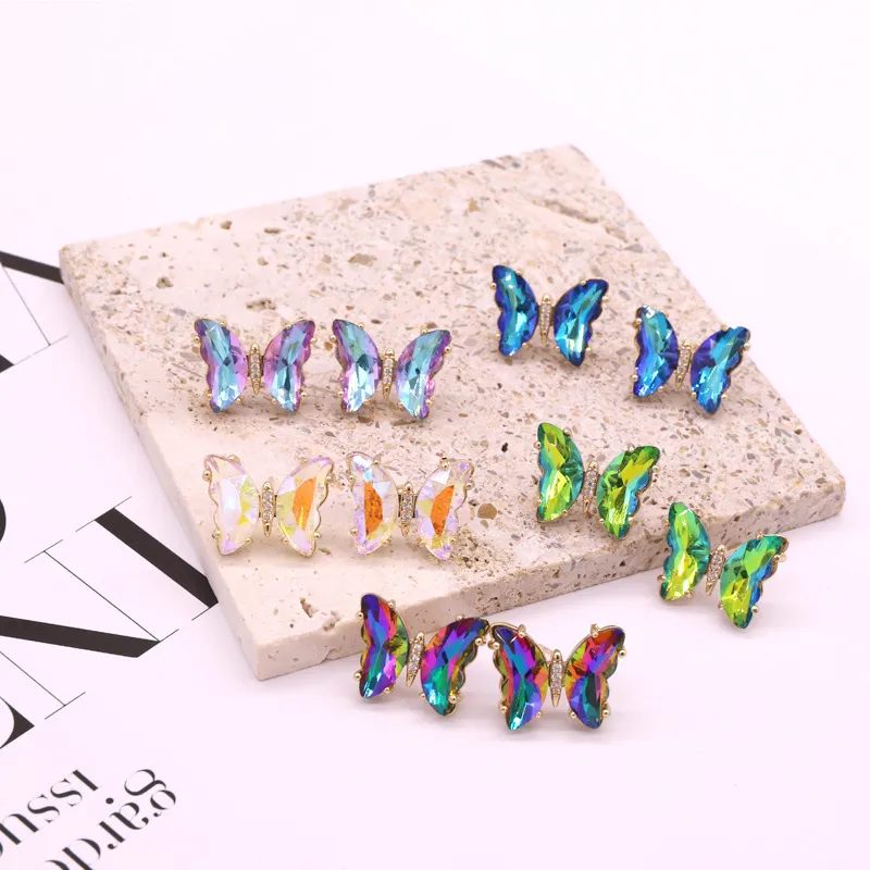 Women Multicolor Rhinestone Exquisite Glass Butterfly Earrings