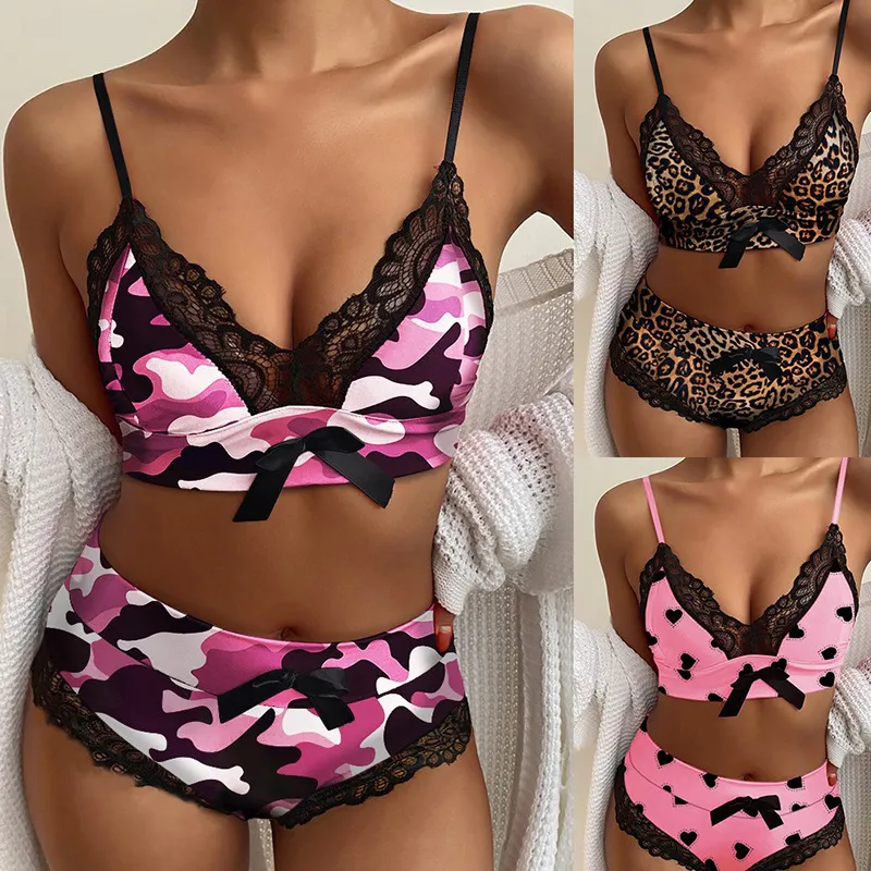 Women Sexy Lace Patchwork Plaid Camouflage Pattern Bra And Panties Set