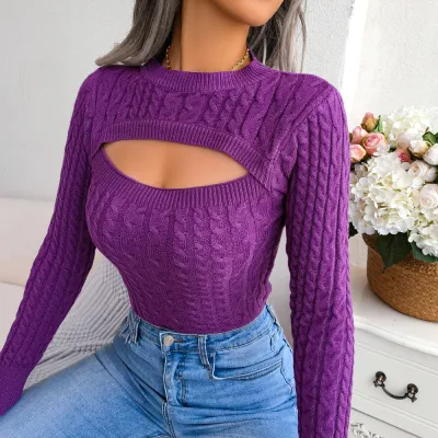 Women's Hollow Twist Cut Out Knitted Sweater Long Sleeve