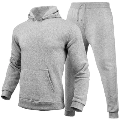 Men Casual Solid Color Hooded Long-Sleeve Hoodie and Pants Two-Piece Set