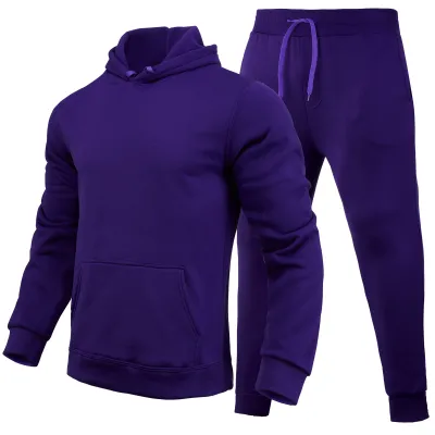 Men Casual Solid Color Hooded Long-Sleeve Hoodie and Pants Two-Piece Set