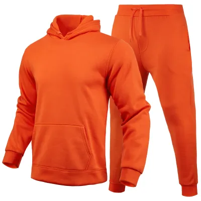 Men Casual Solid Color Hooded Long-Sleeve Hoodie and Pants Two-Piece Set