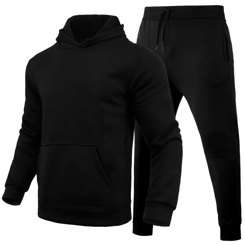 Men Casual Solid Color Hooded Long-Sleeve Hoodie and Pants Two-Piece Set