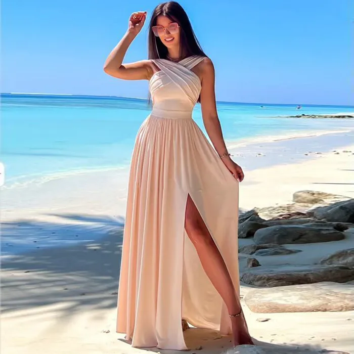 Women Sexy Solid Color Cross Stap Side-Slit Elegant Party Summer Vacation Maxi Dress