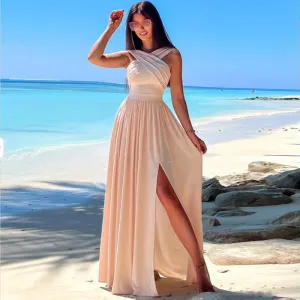 Women Sexy Solid Color Cross Stap Side-Slit Elegant Party Summer Vacation Maxi Dress