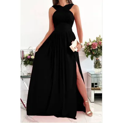 Women Sexy Solid Color Cross Stap Side-Slit Elegant Party Summer Vacation Maxi Dress