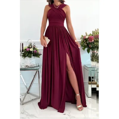Women Sexy Solid Color Cross Stap Side-Slit Elegant Party Summer Vacation Maxi Dress