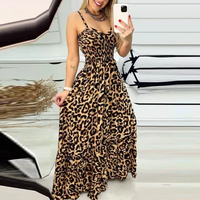 Women Fashion Leopard Print Spaghetti Strap Defined Waist Loose Vacation Maxi Dress