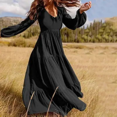 Women Vintage Noho Style Solid Color Long Sleeve V Neck Defined Waist Loose Maxi Dress