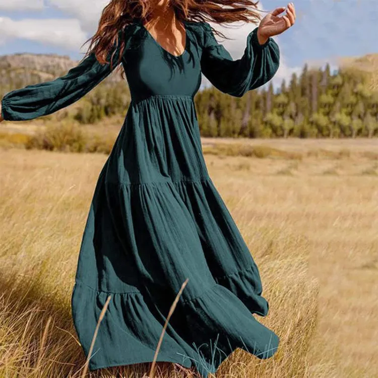Women Vintage Noho Style Solid Color Long Sleeve V Neck Defined Waist Loose Maxi Dress