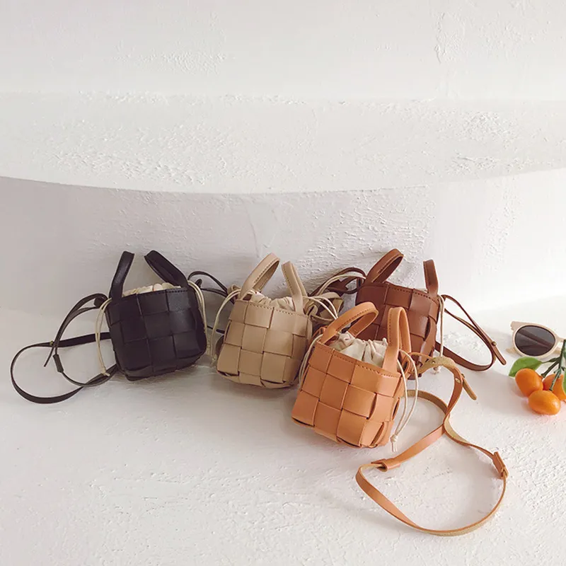 Children Kids Toddlers Fashion Braided Drawstring Mini Bucket Bag PU Leather