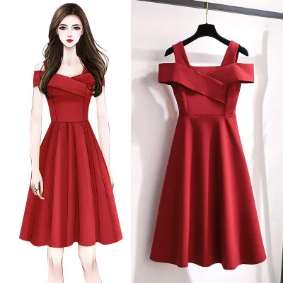 Plus Size Women Fashion Sweet Elegant Cool-Shoulder Solid Color Swing Party Dress