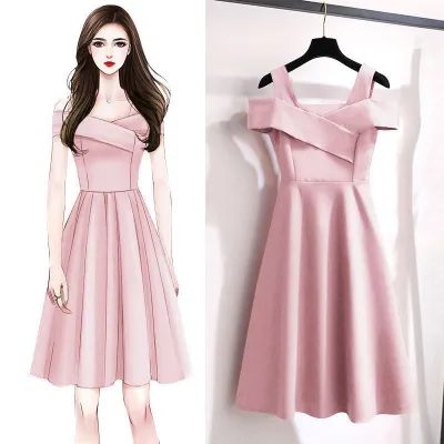 Plus Size Women Fashion Sweet Elegant Cool-Shoulder Solid Color Swing Party Dress