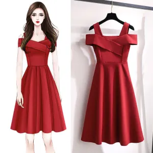 Plus Size Women Fashion Sweet Elegant Cool-Shoulder Solid Color Swing Party Dress