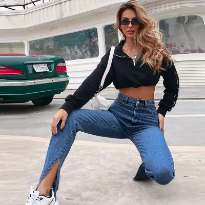 Pantalones vaqueros de cintura alta informales a la moda para mujer, vaqueros rectos básicos lisos con abertura lateral para primavera y verano