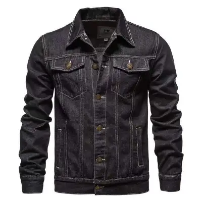 Men's Simple Solid Color Denim Jacket with Printing Loose Fit