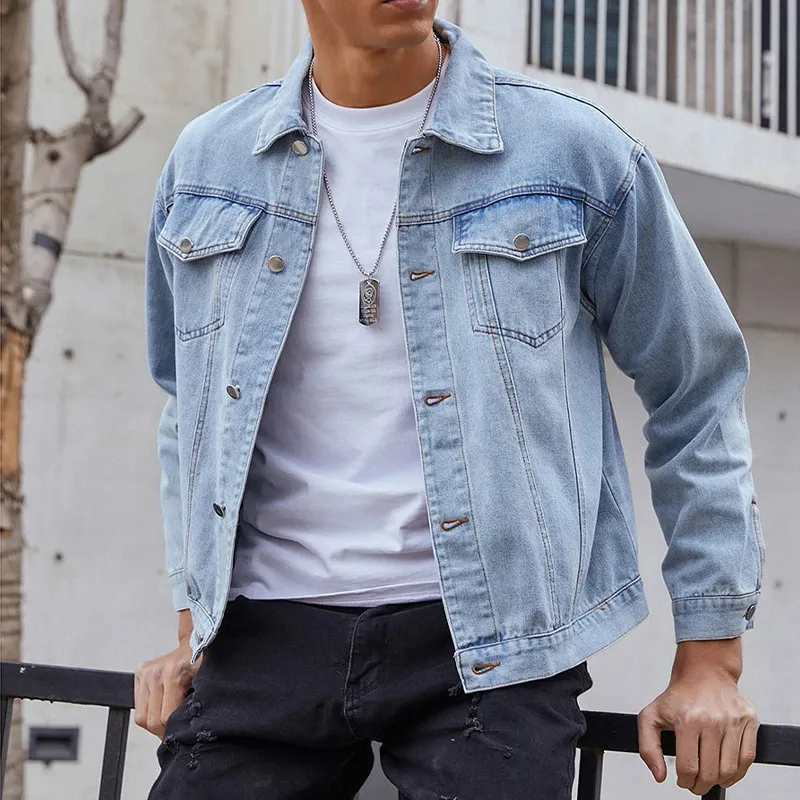 Men's Simple Solid Color Denim Jacket with Printing Loose Fit