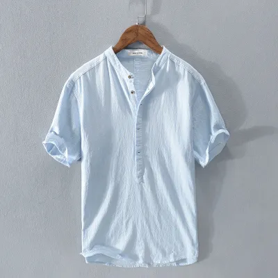 Men Fashion Simple Cotton Linen Loose Shirt Vintage Stand Collar Pullover Short Sleeve Solid Color