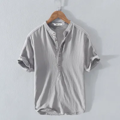 Men Fashion Simple Cotton Linen Loose Shirt Vintage Stand Collar Pullover Short Sleeve Solid Color
