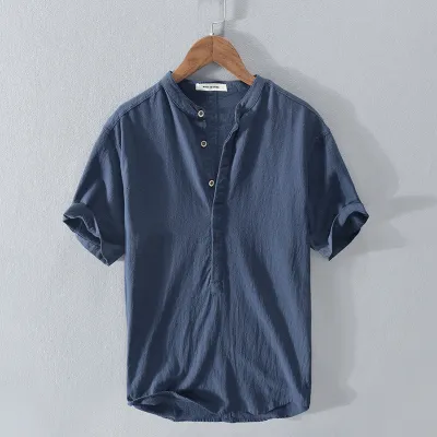 Men Fashion Simple Cotton Linen Loose Shirt Vintage Stand Collar Pullover Short Sleeve Solid Color