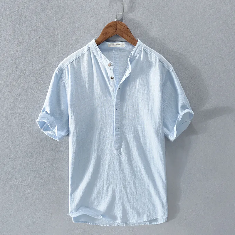 Men Fashion Simple Cotton Linen Loose Shirt Vintage Stand Collar Pullover Short Sleeve Solid Color